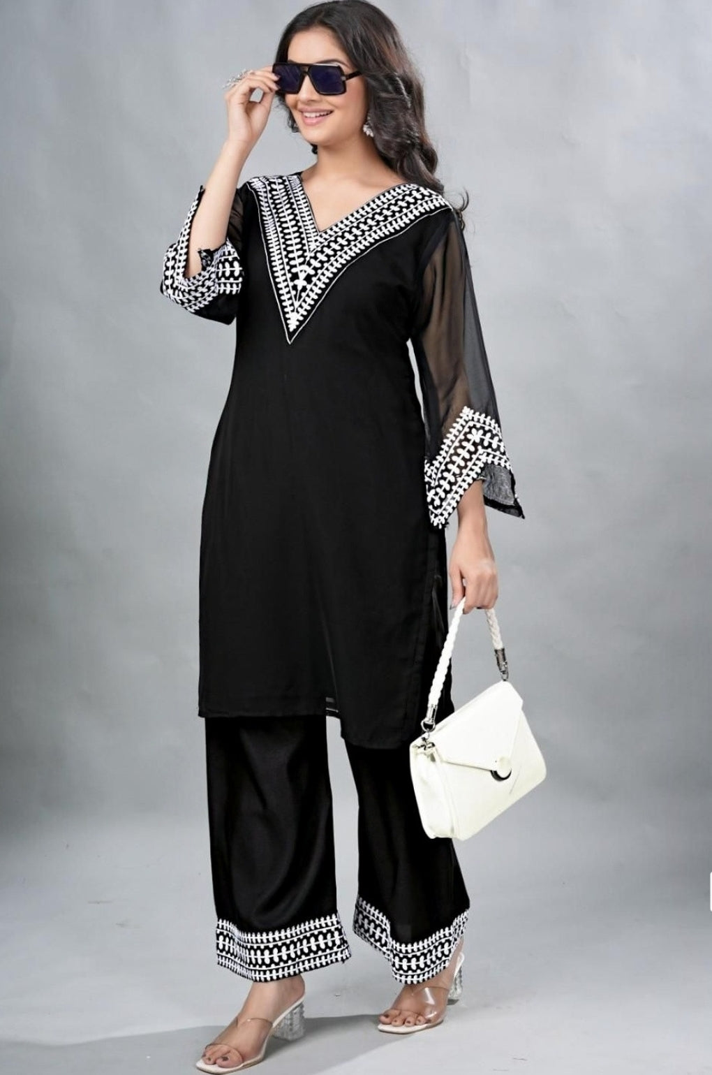 Noir Blossom Georgette Kurta Pant Set