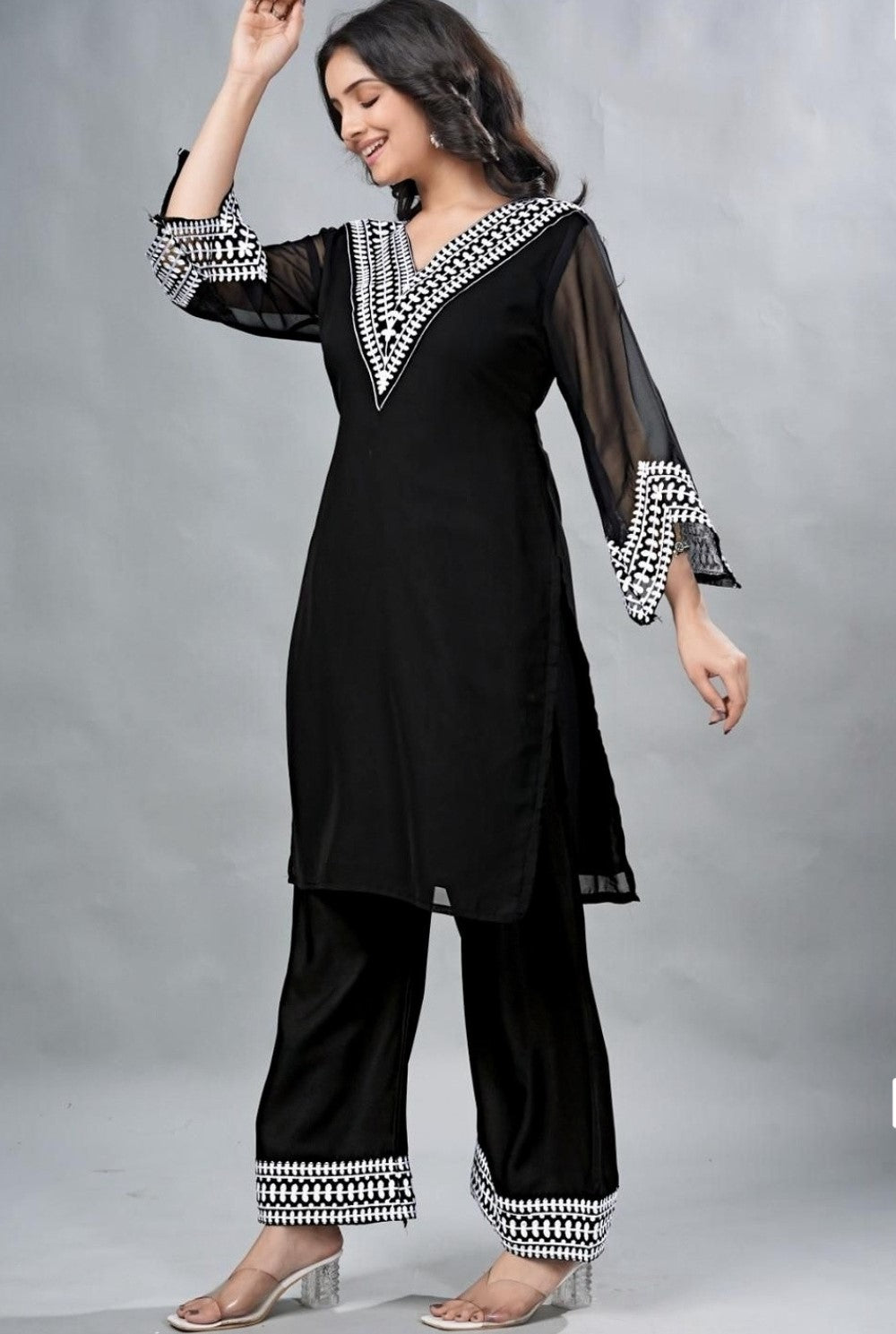 Noir Blossom Georgette Kurta Pant Set