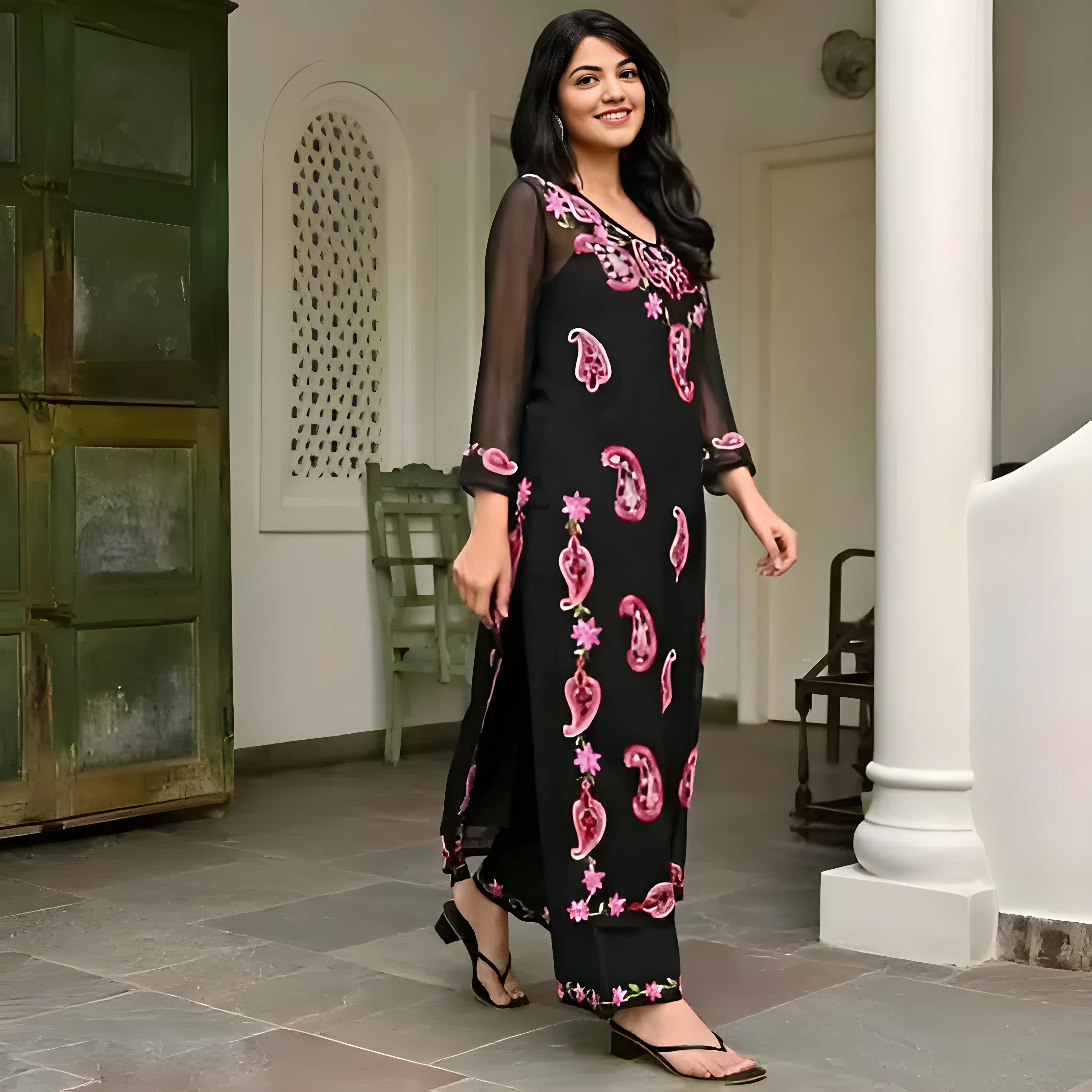Noir Floral Georgette Kurta Pant Set
