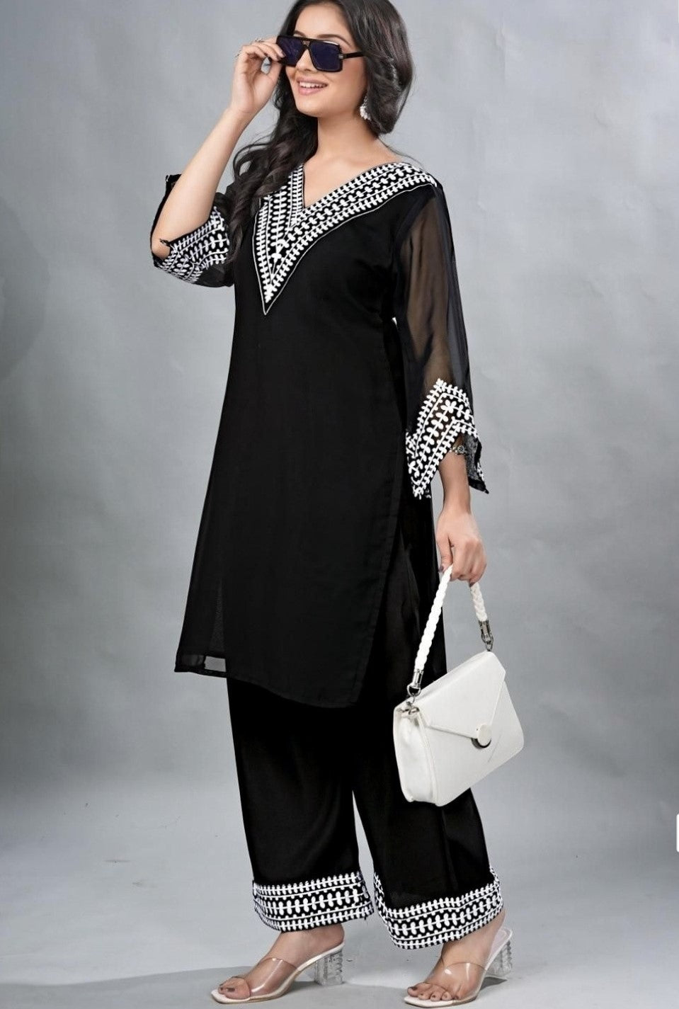 Noir Blossom Georgette Kurta Pant Set
