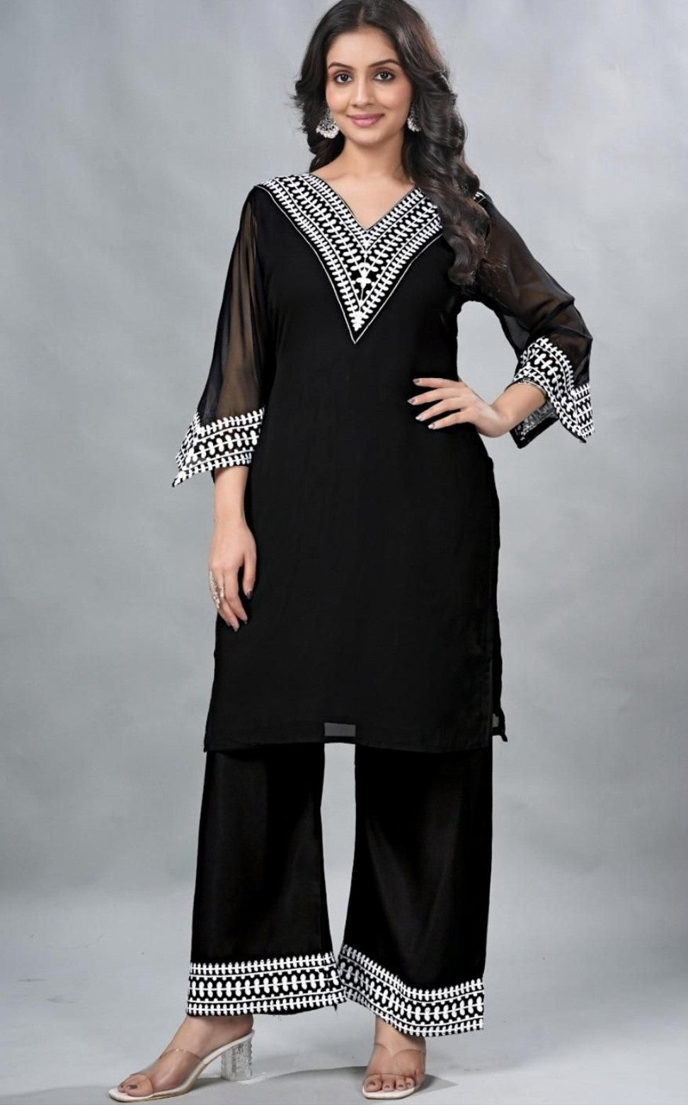 Noir Blossom Georgette Kurta Pant Set