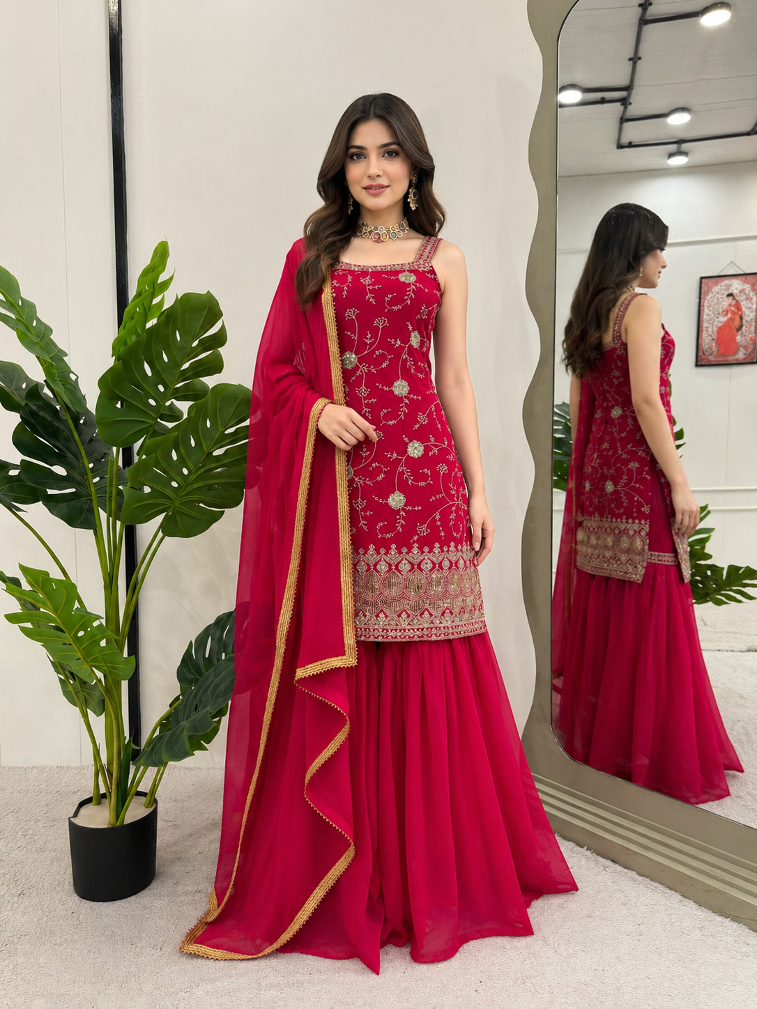 Red Zara Sequence Sharara Set