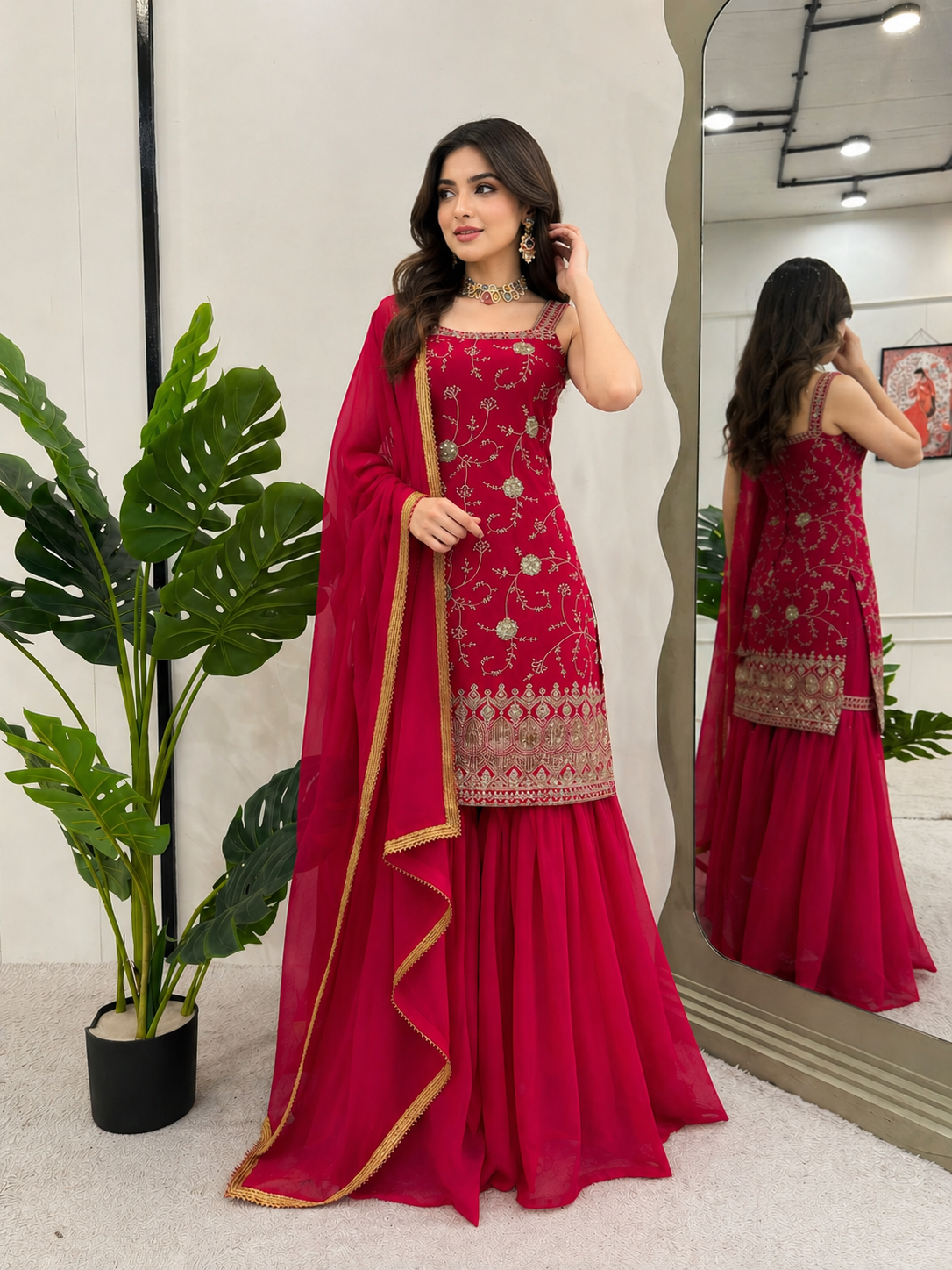 Red Zara Sequence Sharara Set
