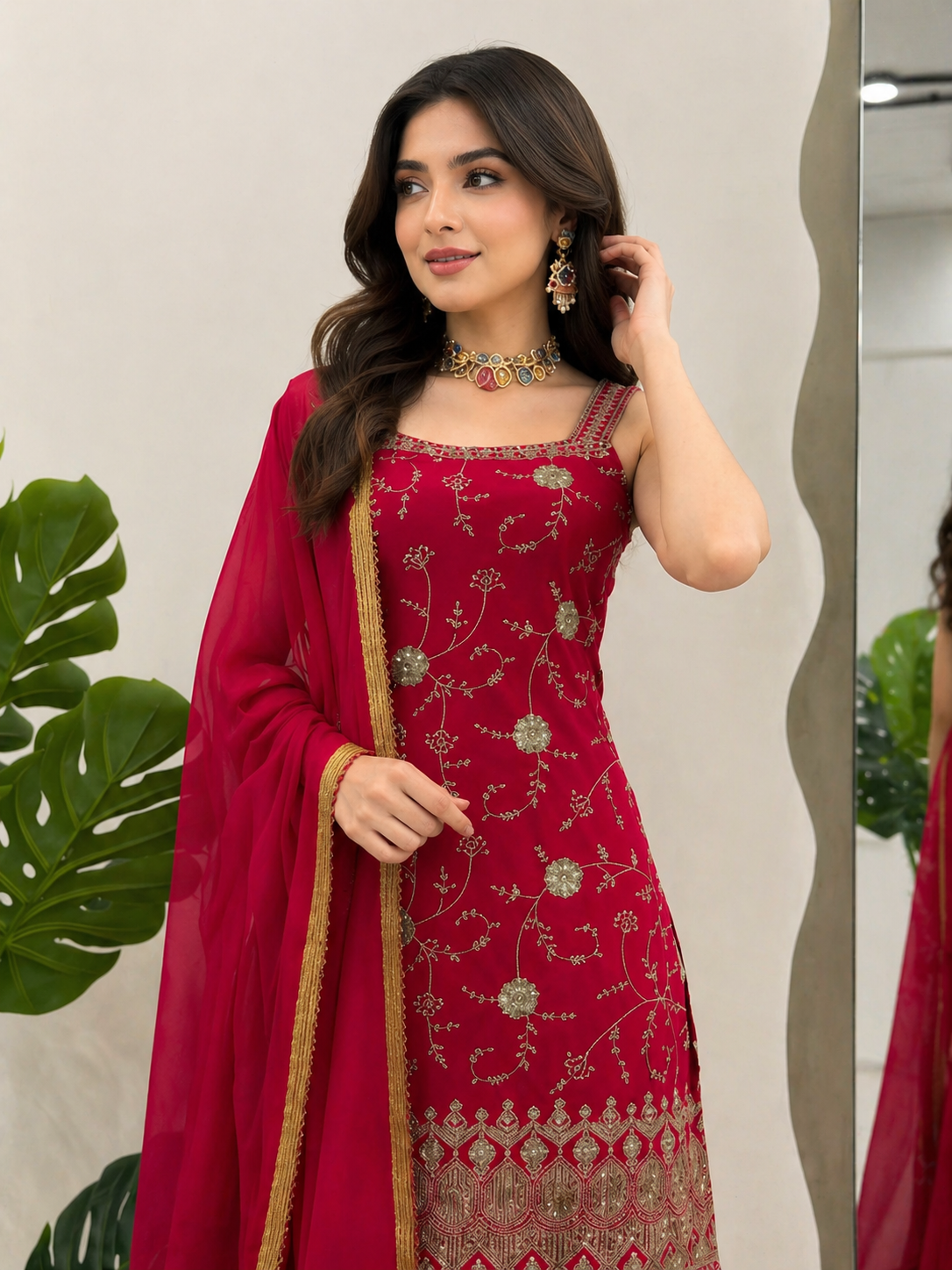 Red Zara Sequence Sharara Set