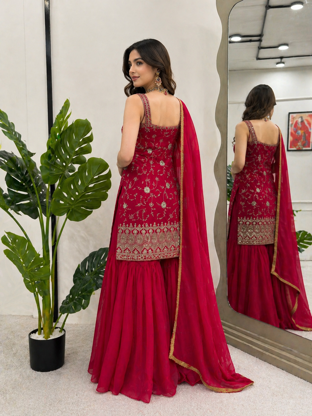 Red Zara Sequence Sharara Set