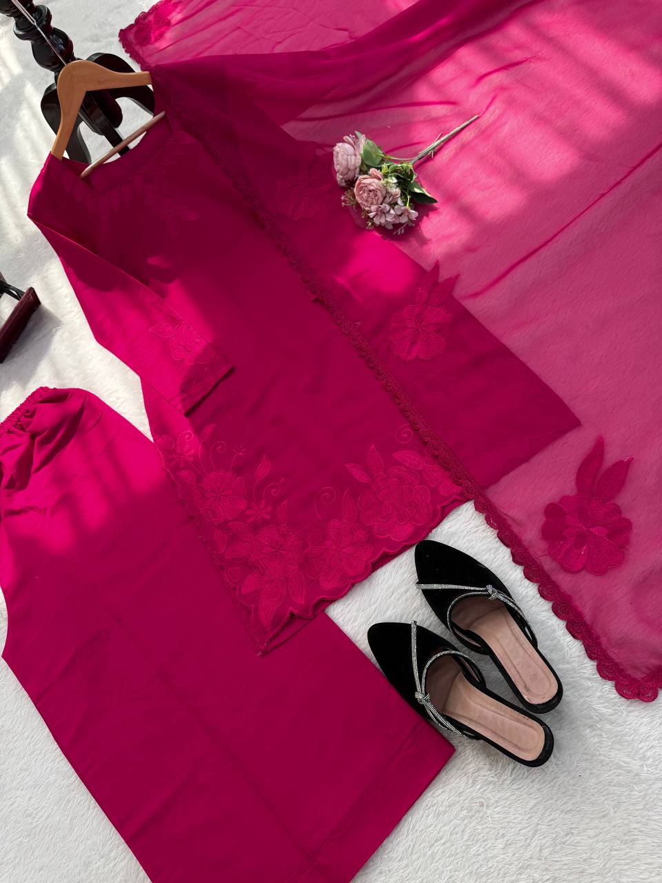 Elegance Roman Plazo Set with Organza Dupatta – Premium Festive Wear