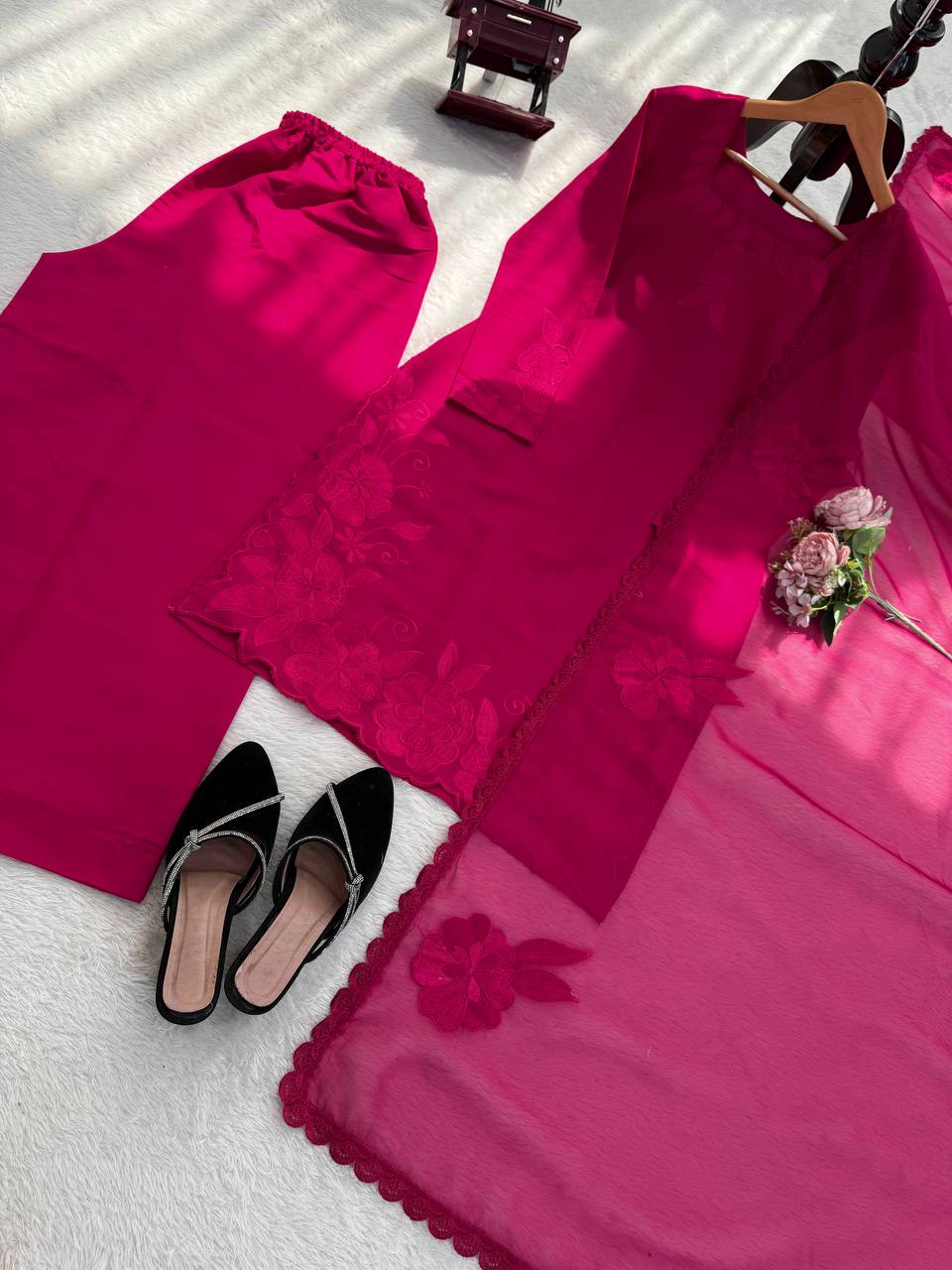 Elegance Roman Plazo Set with Organza Dupatta – Premium Festive Wear