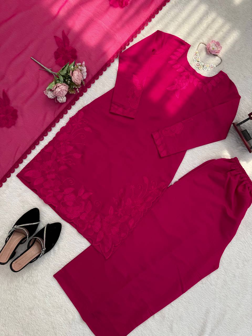 Elegance Roman Plazo Set with Organza Dupatta – Premium Festive Wear