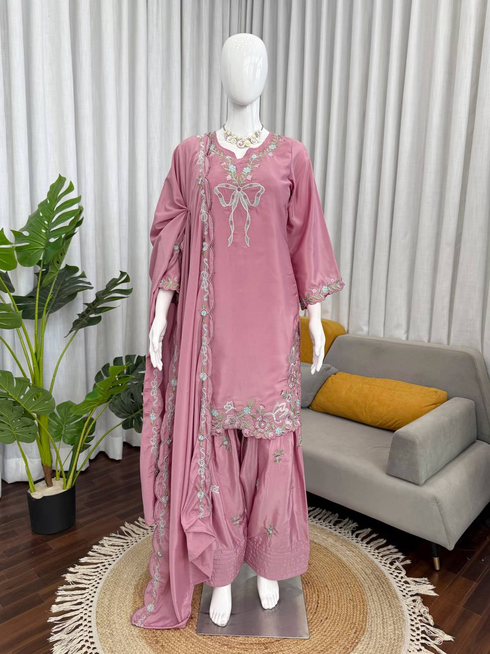 Pink Premium Natural Crepe Ethnic Wear with Dupatta