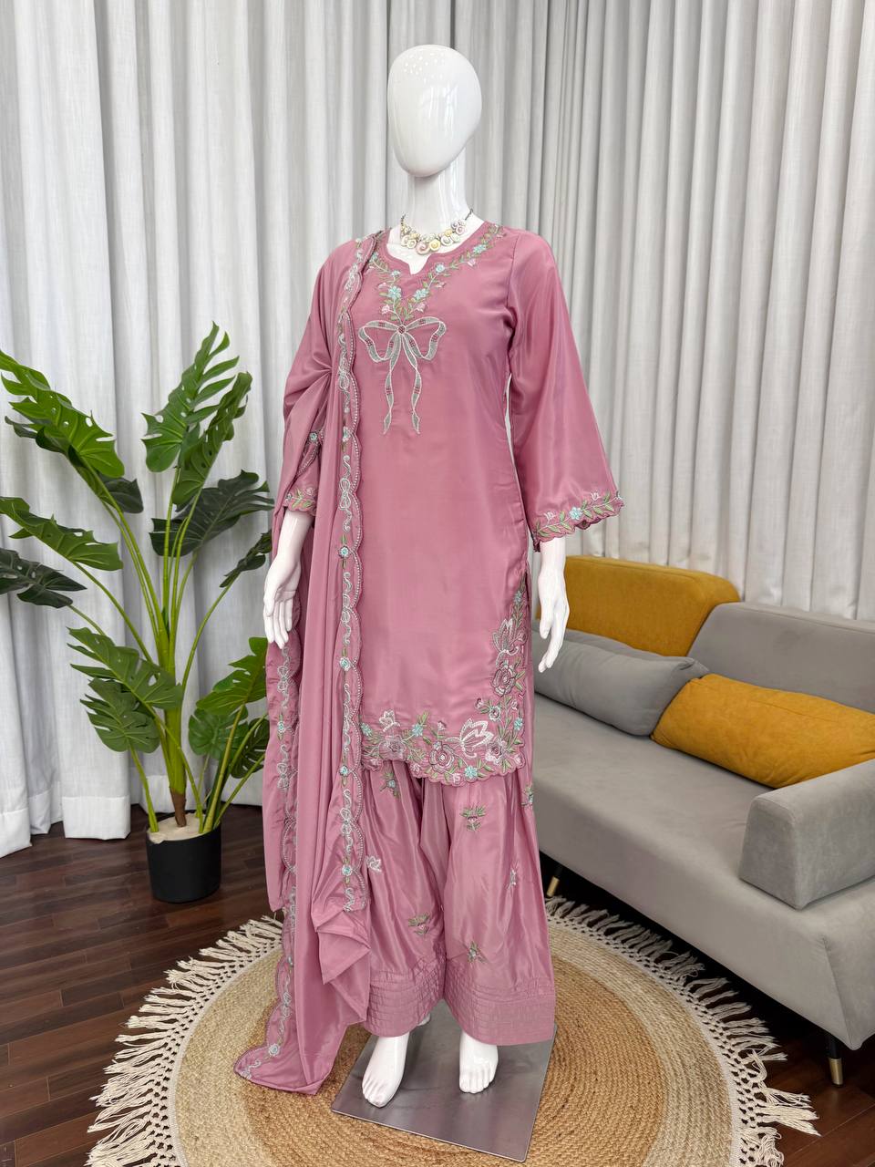 Pink Premium Natural Crepe Ethnic Wear with Dupatta