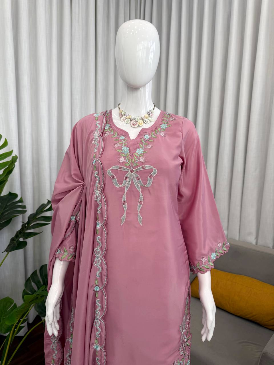 Pink Premium Natural Crepe Ethnic Wear with Dupatta