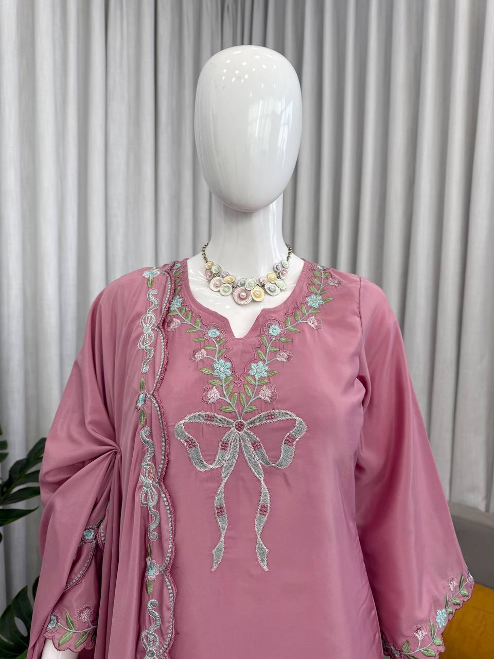 Pink Premium Natural Crepe Ethnic Wear with Dupatta