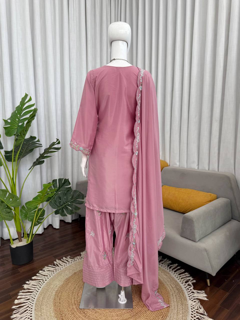 Pink Premium Natural Crepe Ethnic Wear with Dupatta