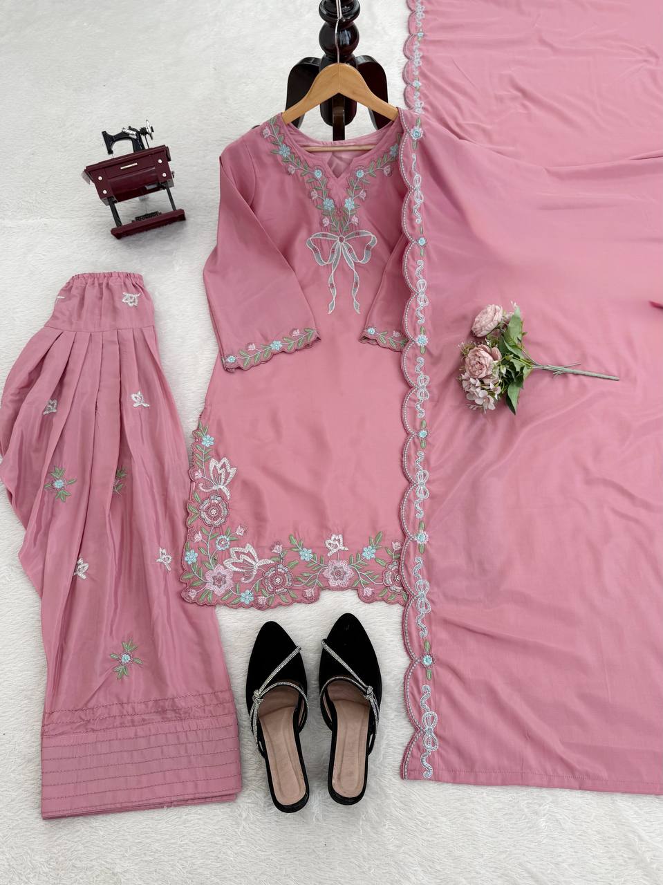 Pink Premium Natural Crepe Ethnic Wear with Dupatta