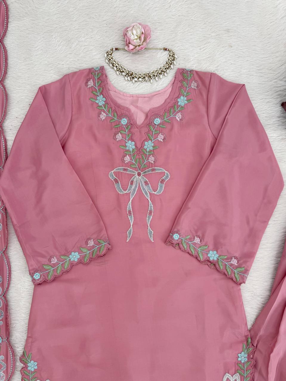 Pink Premium Natural Crepe Ethnic Wear with Dupatta